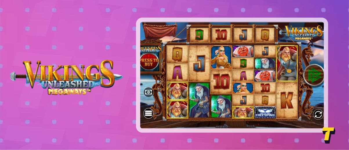 The image shows Vikings Unleashed games logo and the gameplay view, with clear Megaways mechanics, since the game play rees are not uniform.