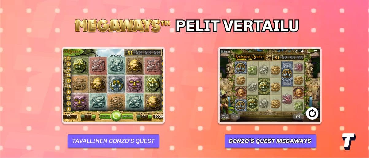 Tavallisen Gonzo's Quest pelin käyttöliittymä verrattuna Gonzo's Quest Megaways peliin.