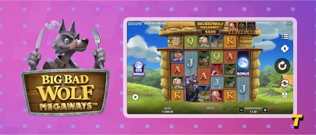 The image shows Big Bad Wolf Megaways game logo and game view.